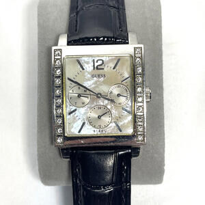 Guess Steel Tank Watch Pave Bezel Silver Tone MOP Dial New Battery New Band